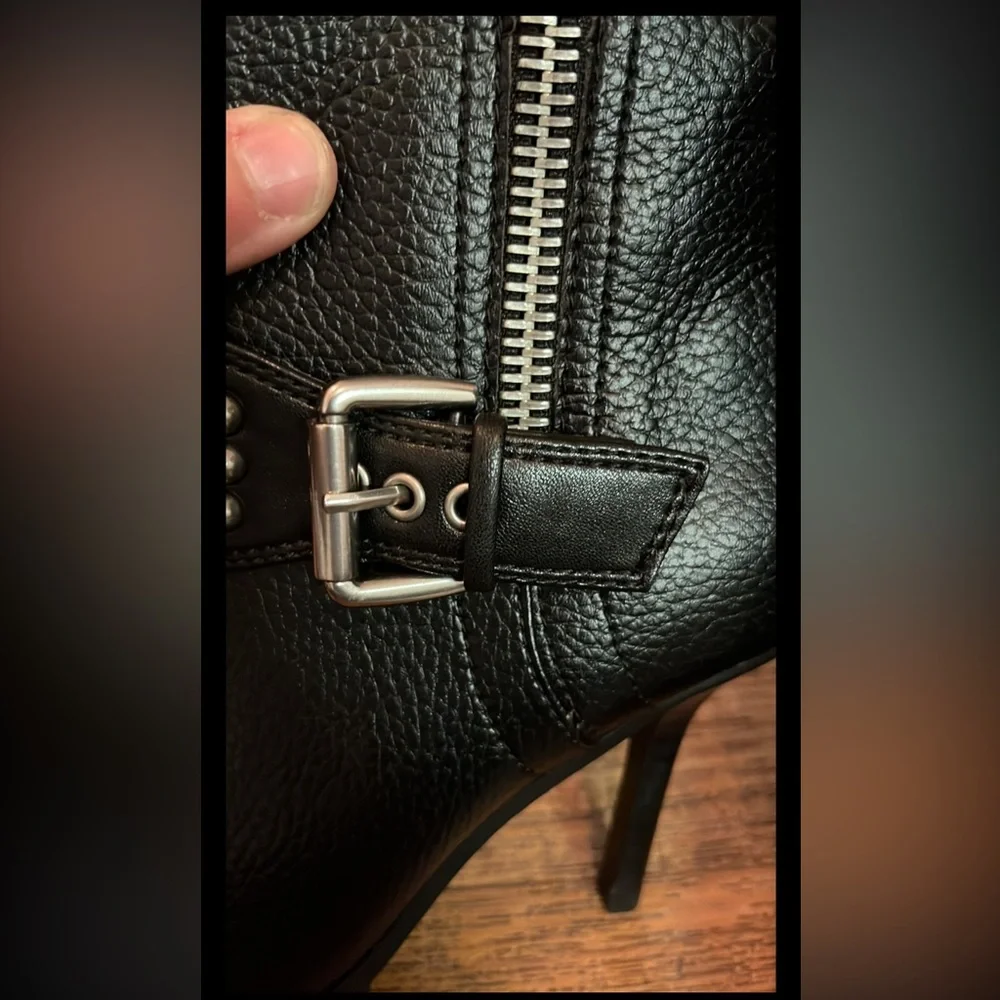 Karl Lagerfeld Mable Lug-Sole Heeled Black Boot W/Crystal & Polished Studs Strap